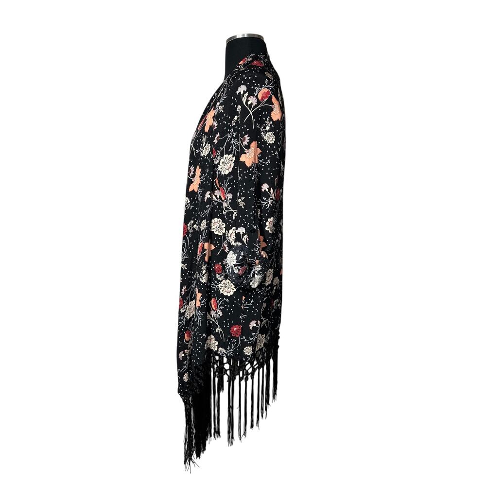 Torrid Floral Crepe Open Kimono Piano Fringe Roll Tab Sleeves Top Black Sz L - Picture 5 of 14